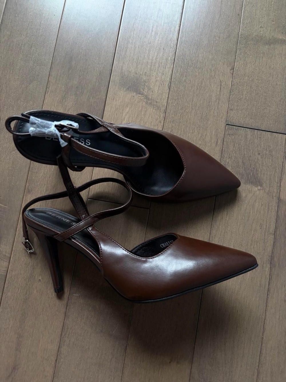 Pointed-Toe Brown Leather-Look Women's Heels with Ankle Strap
